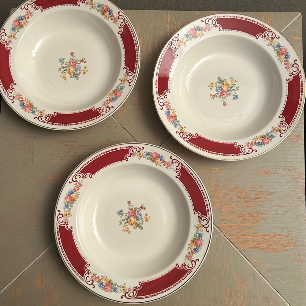 Vintage Red Floral Dinner Bowls set of 3